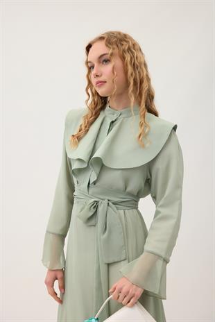 Violetta Volanlı Şifon Elbise - Mint yeşil