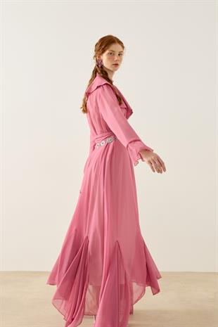 Violetta Volanlı Şifon Elbise - Pembe