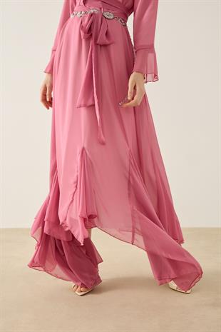 Violetta Volanlı Şifon Elbise - Pembe