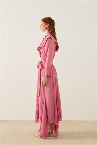 Violetta Volanlı Şifon Elbise - Pembe