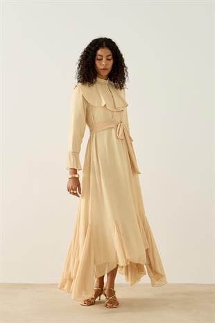 Violetta Volanlı Şifon Elbise - Sarı 