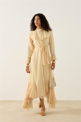 Violetta Volanlı Şifon Elbise - Sarı 