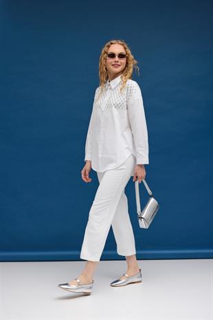 Zanera Taş İşlemeli Gömlek- Beyaz