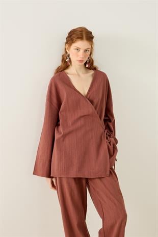 Zarina Kruvaze Kapamalı Keten Kimono Takım - Bakır