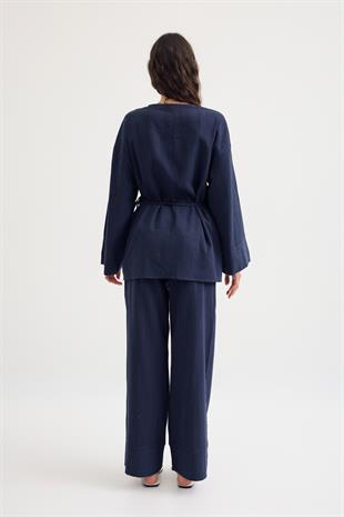 Zarina Kruvaze Kapamalı Keten Kimono Takım - Lacivert