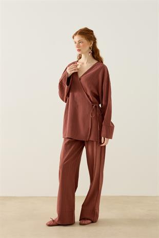 Zarina Kruvaze Kapamalı Keten Kimono Takım - Bakır