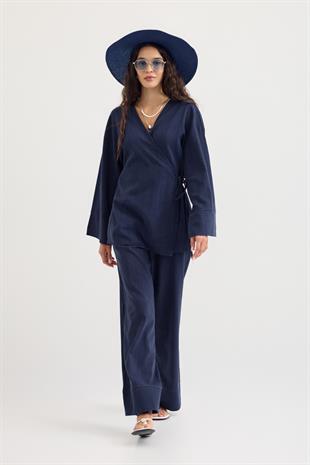 Zarina Kruvaze Kapamalı Keten Kimono Takım - Lacivert
