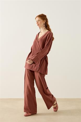 Zarina Kruvaze Kapamalı Keten Kimono Takım - Bakır