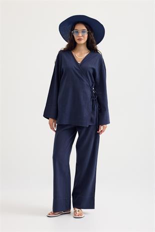 Zarina Kruvaze Kapamalı Keten Kimono Takım - Lacivert