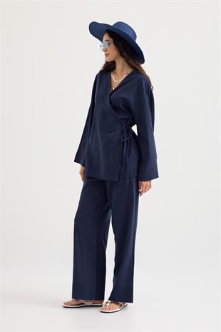 Zarina Kruvaze Kapamalı Keten Kimono Takım - Lacivert
