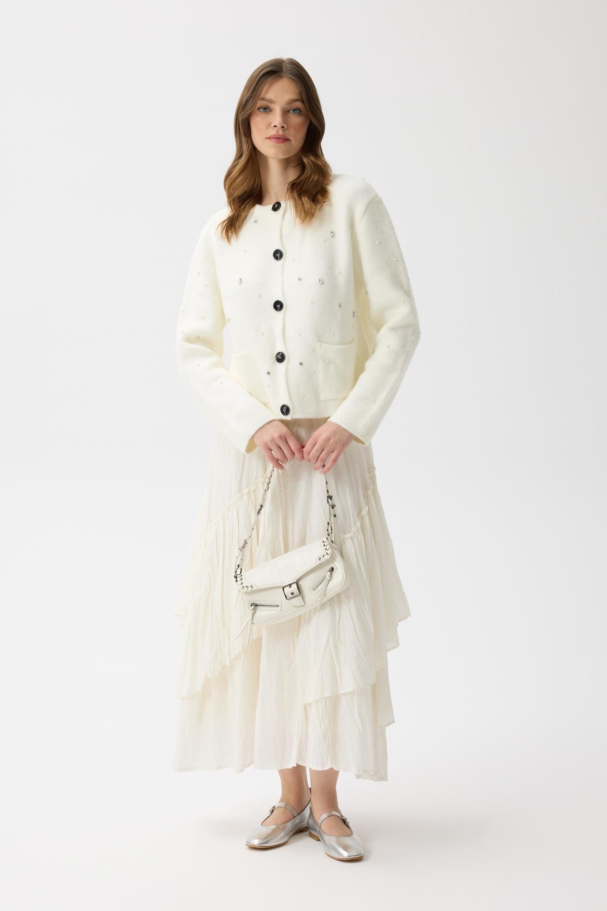 Alaia Taş İşlemeli Cepli Hırka - Ekru 