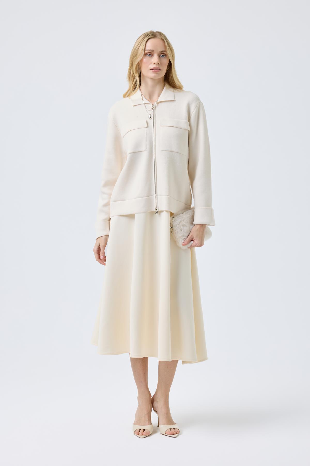 Alba Cepli Fermuarlı Hırka  - Krem   