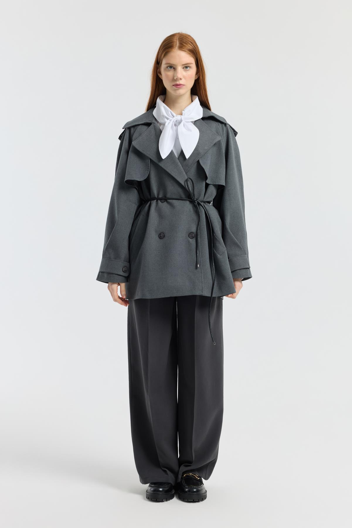 Aller Detaylı Deri Kemerli Trenç - Gri melanj