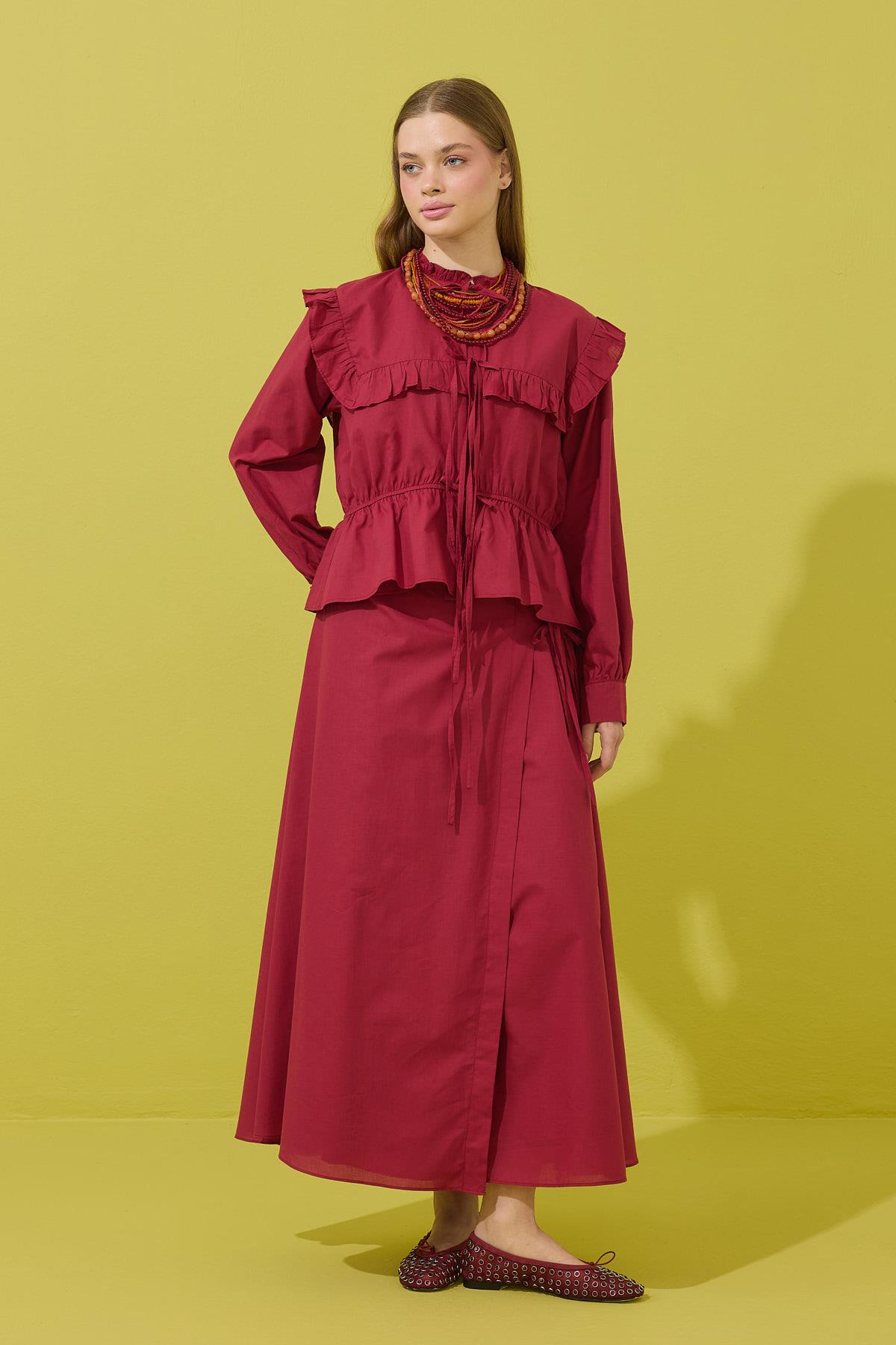 Amalfi Bağcıklı Geniş Yaka Vual Takım - Bordo 