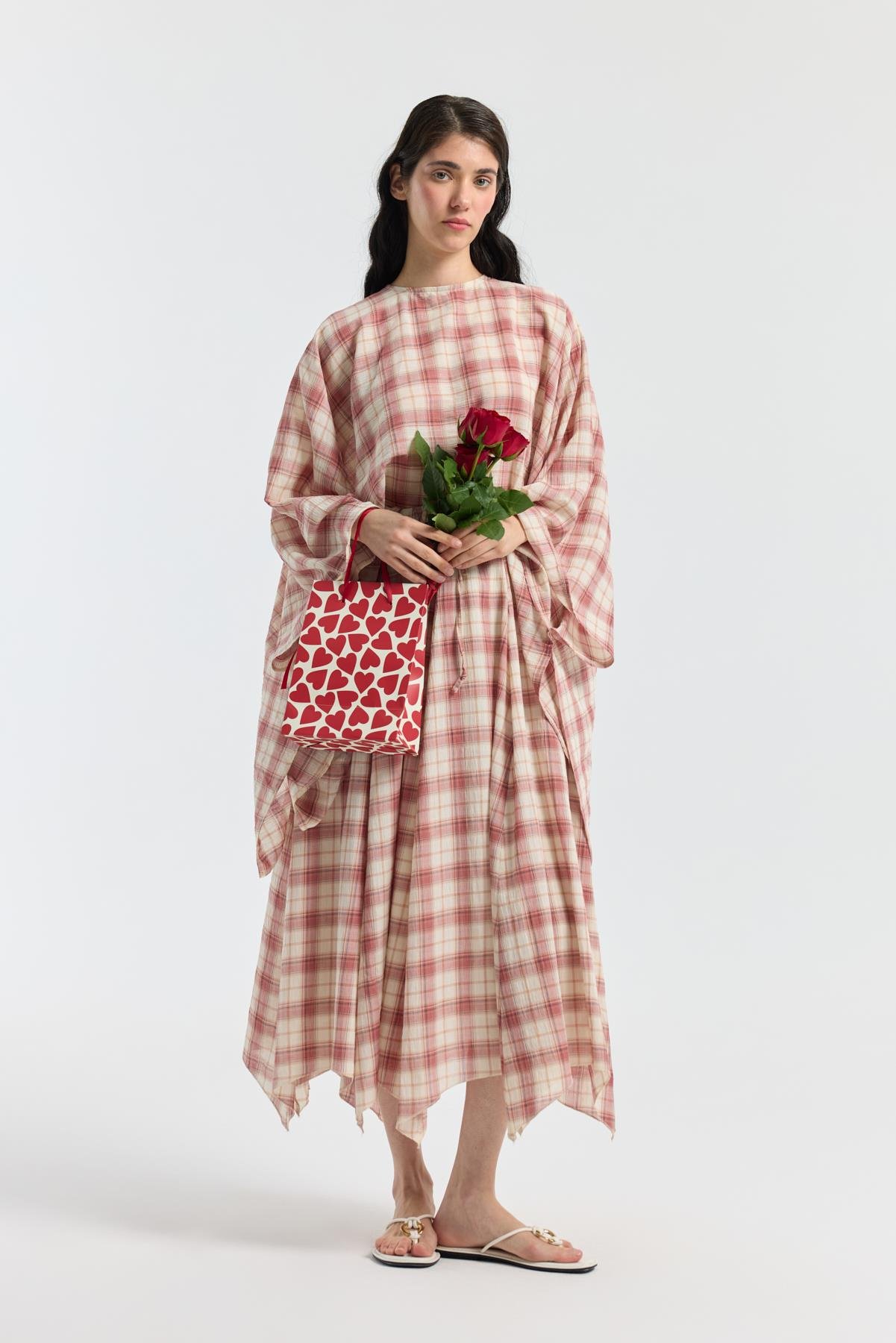 Amara Müslin Ekose Desenli Pelerin Takım - Kırmızı