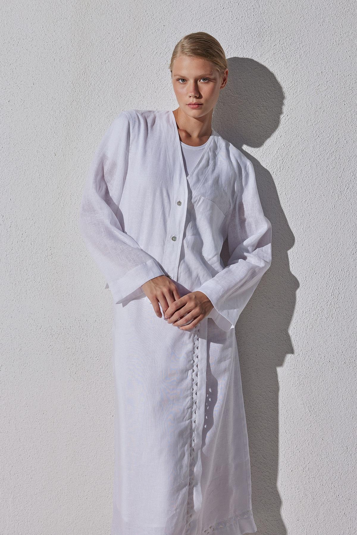 Amber Linen Düğmeli Bluz - Beyaz