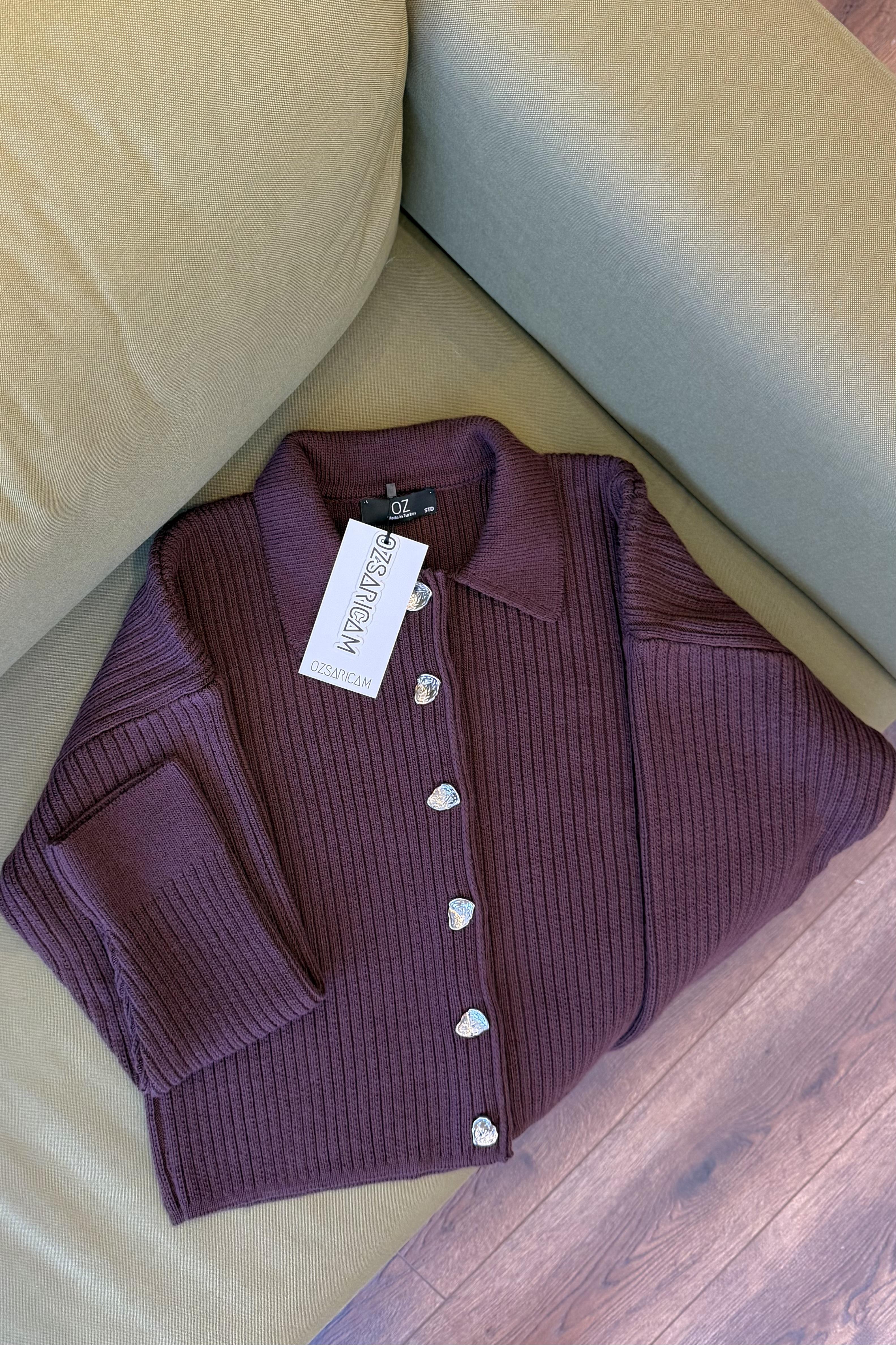 Andrea Silver Düğmeli Fitilli Hırka - Bordo