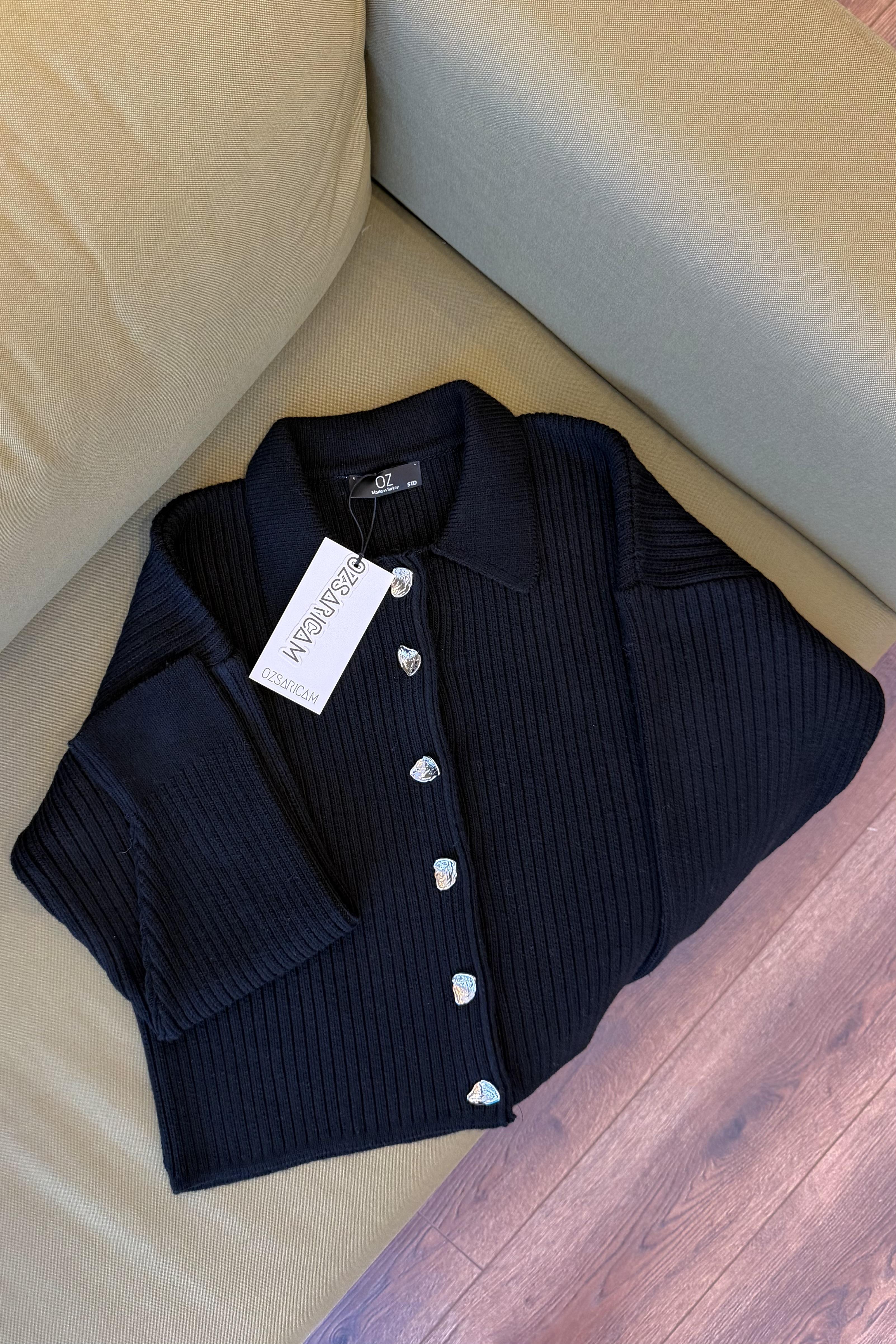 Andrea Silver Düğmeli Fitilli Hırka - Siyah