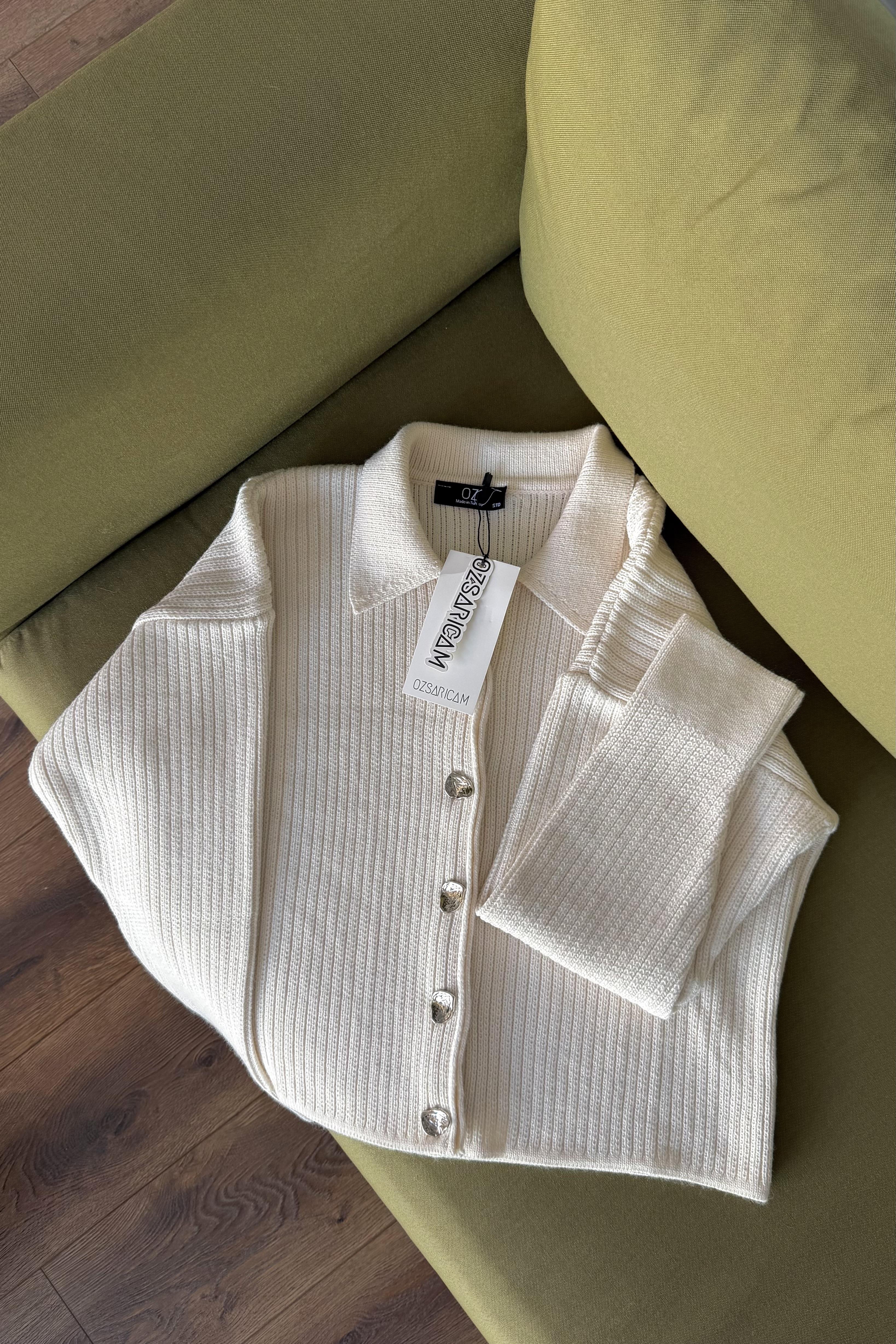 Andrea Silver Düğmeli Fitilli Hırka - Taş 