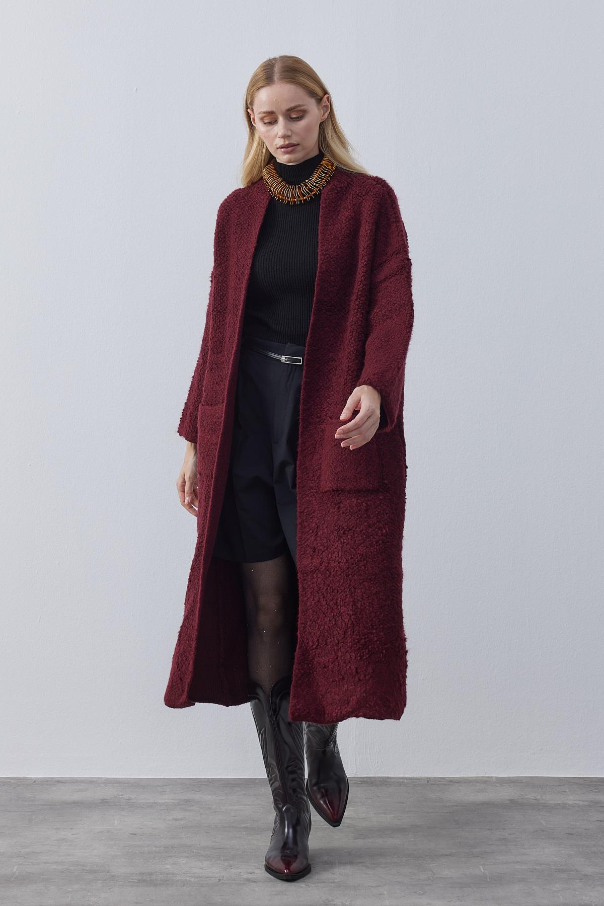 Angelina Şal Yaka Dokulu Hırka- Bordo