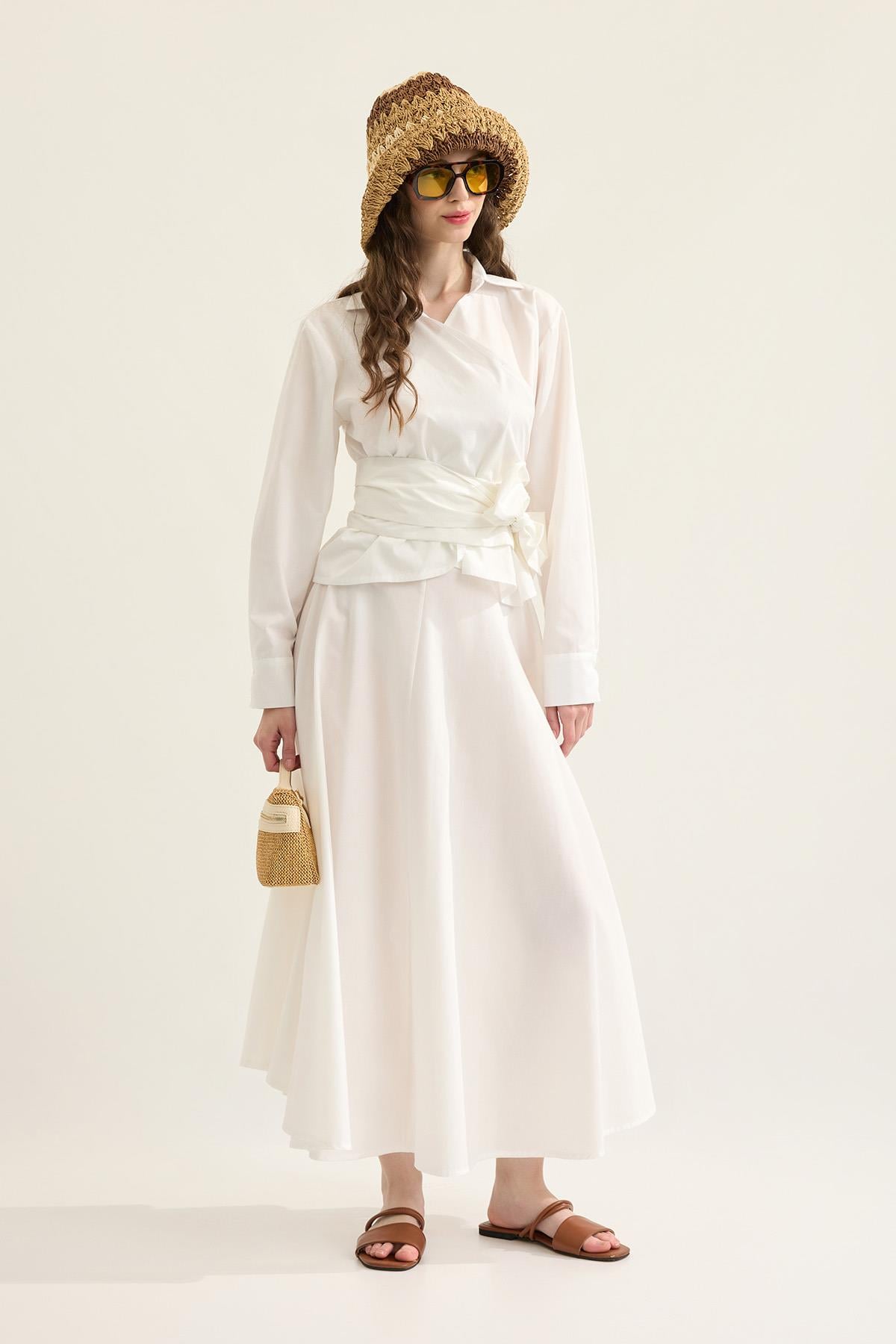 Anna Bağlamalı Poplin Takım- Beyaz