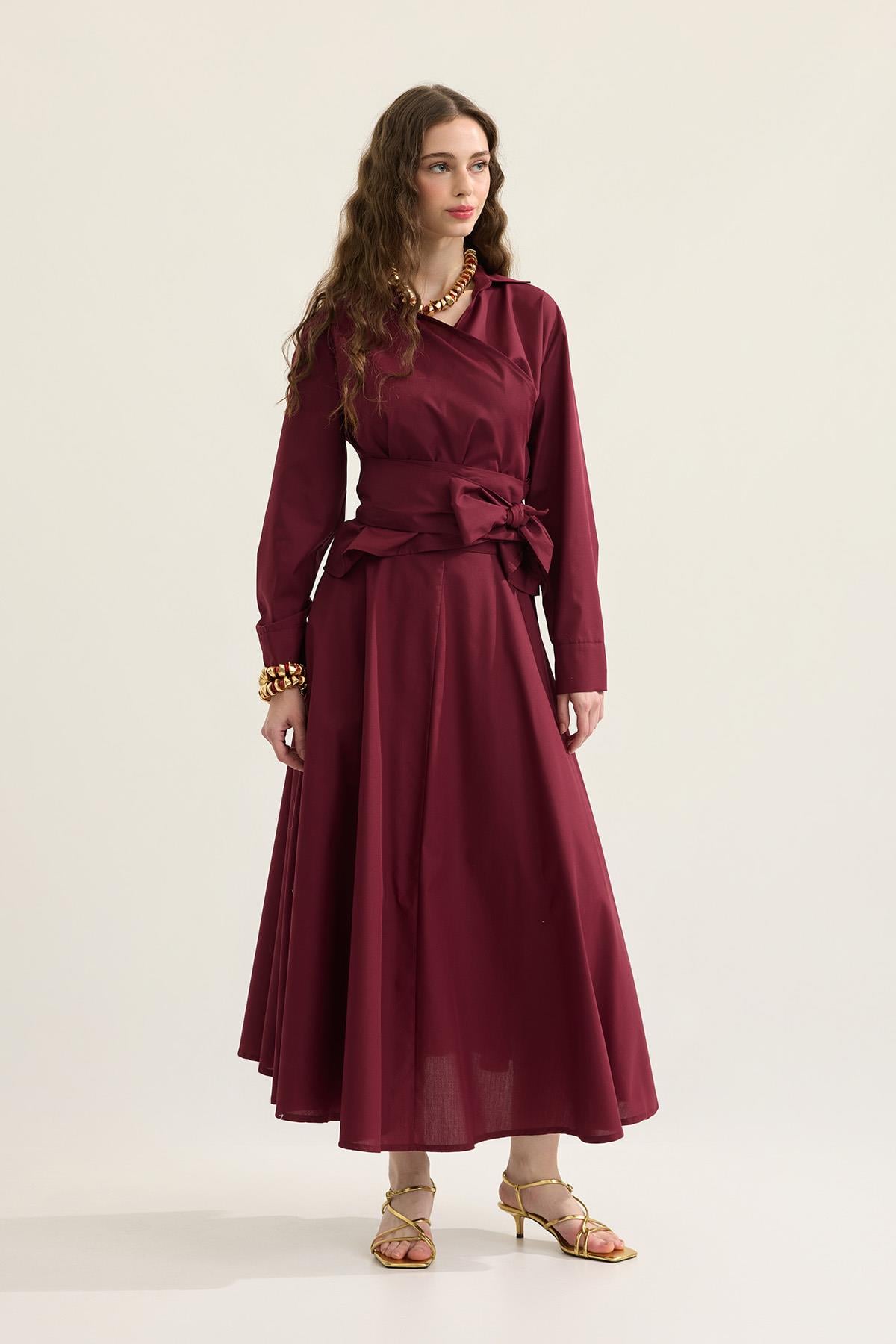 Anna Bağlamalı Poplin Takım - Bordo