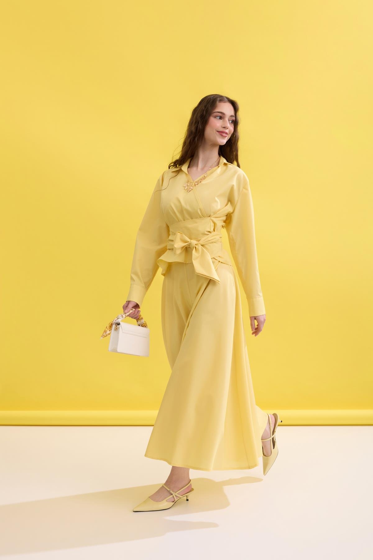 Anna Bağlamalı Poplin Takım- Sarı