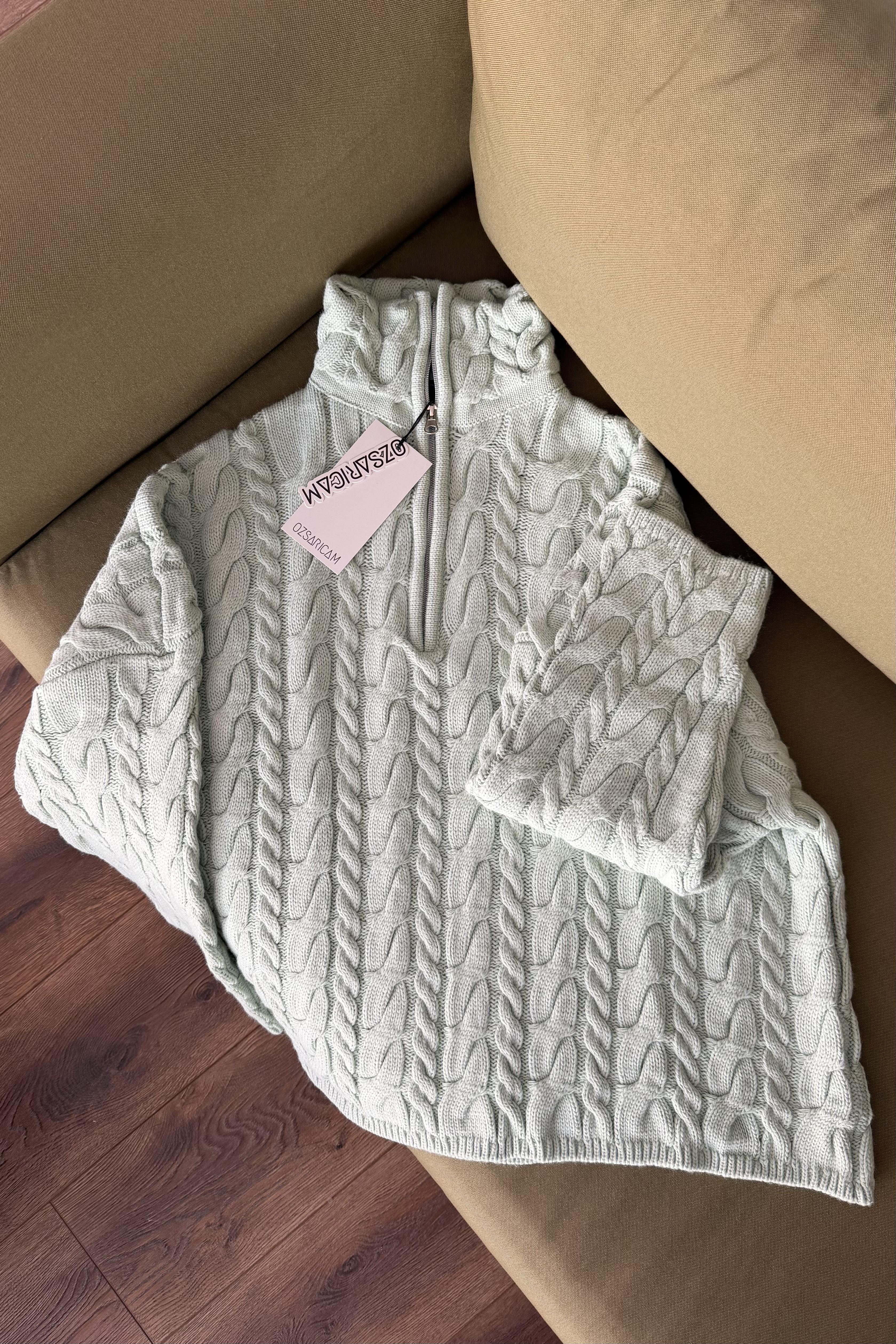 Ariana Saç Örgülü Fermuarlı Kazak - Su Yeşil 