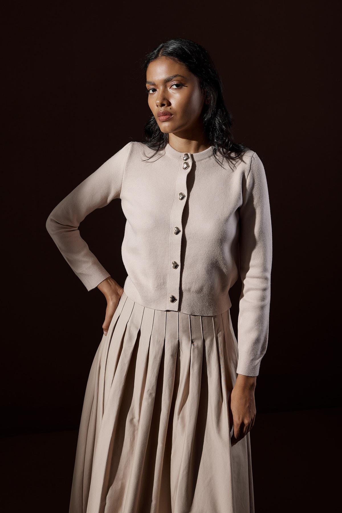 Audrey Kalp Düğmeli Merserize Hırka- Bej