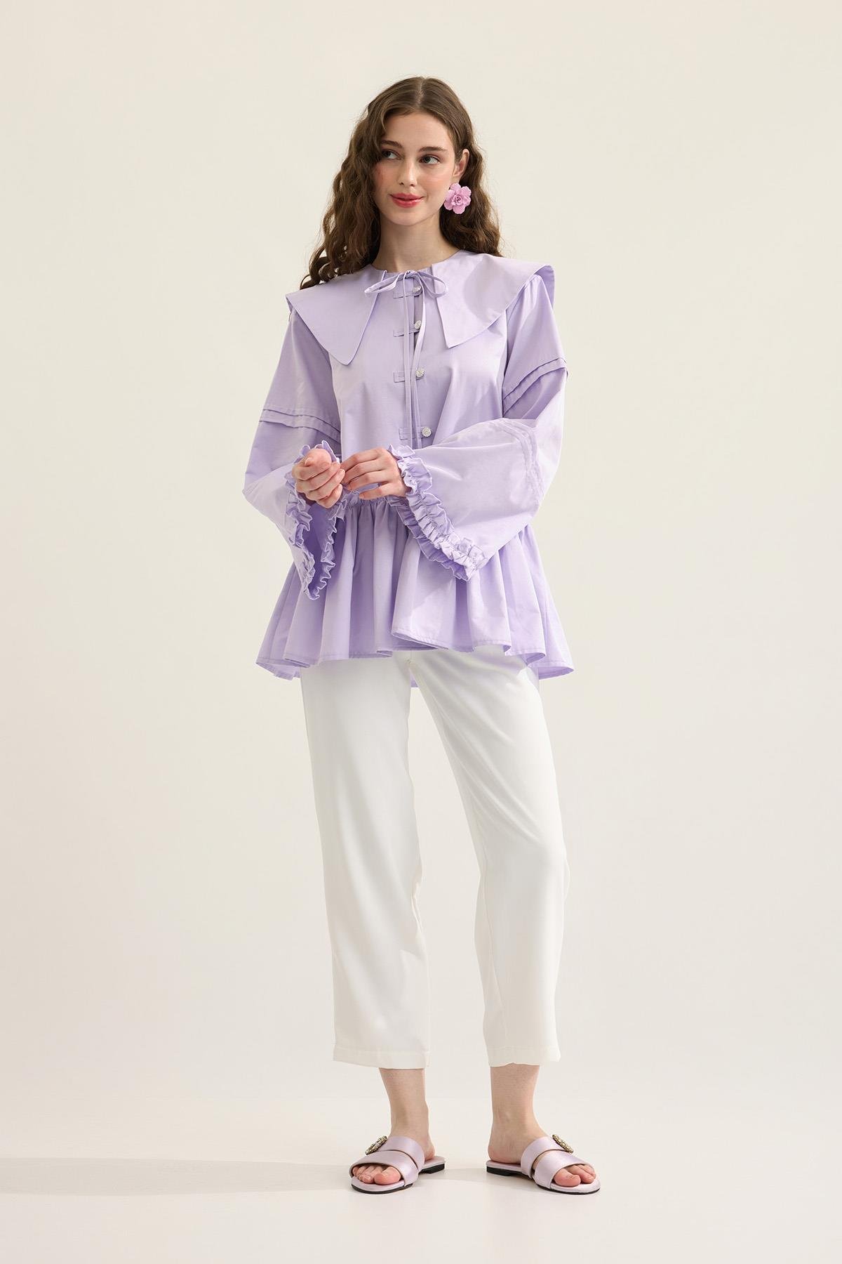 Bella Allerli Büzgülü Geniş Yaka Gömlek - Lila