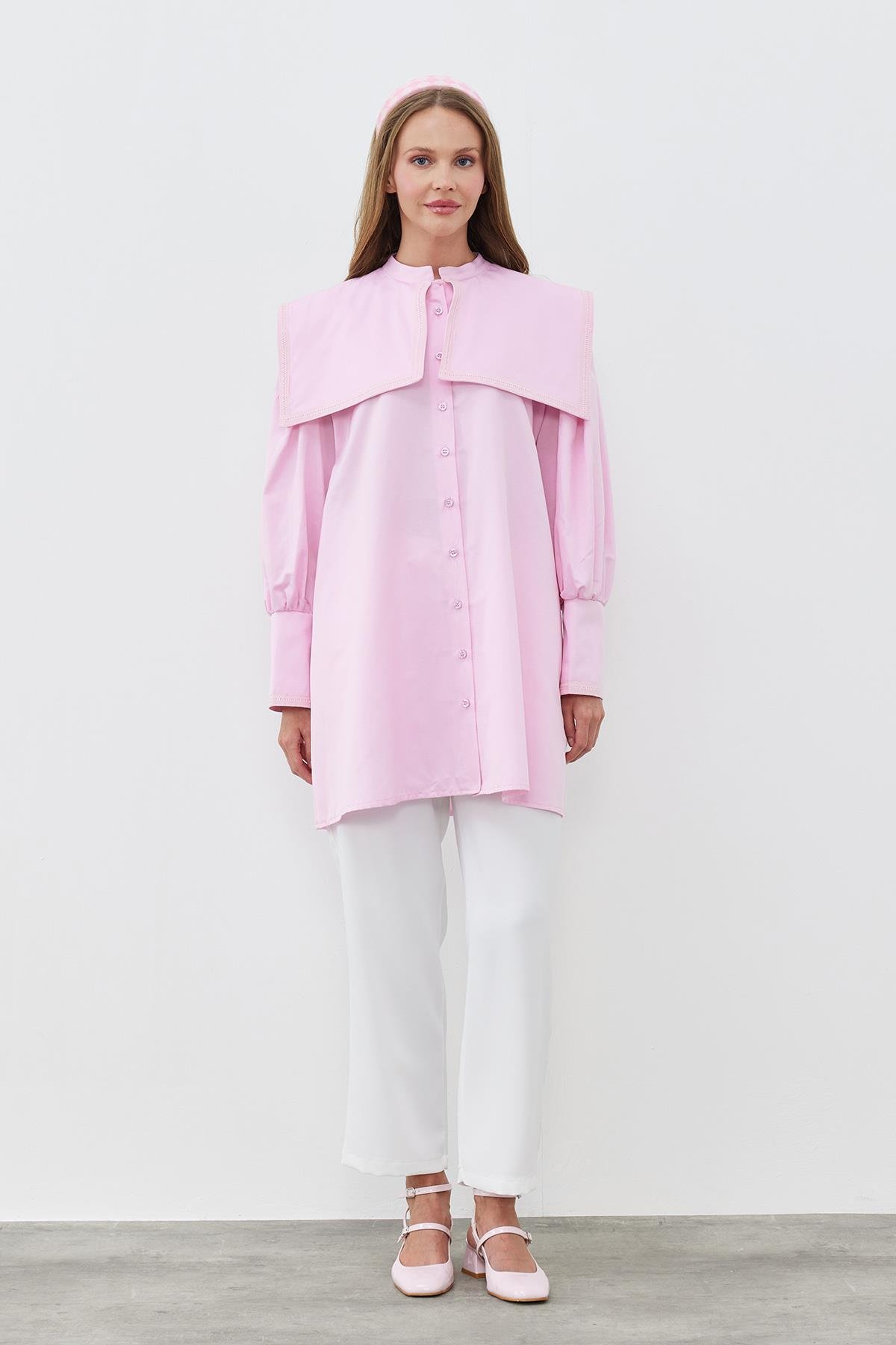BİANCA DENİZCİ YAKA BİYE DETAYLI GÖMLEK-PEMBE