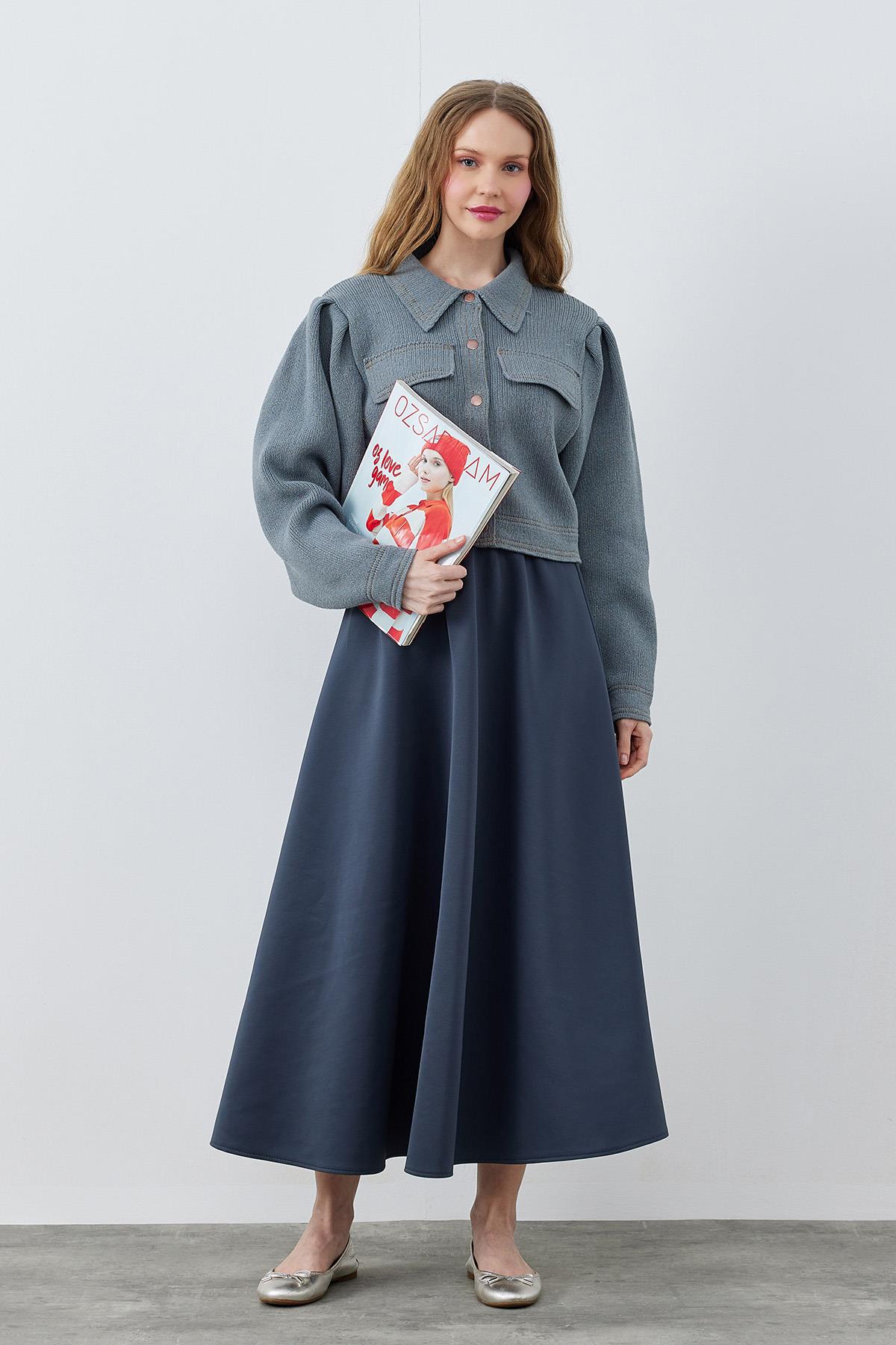 BLAİR OMUZ PİLE DETAYLI ÇITÇITLI TRİKO CEKET - GRİ 