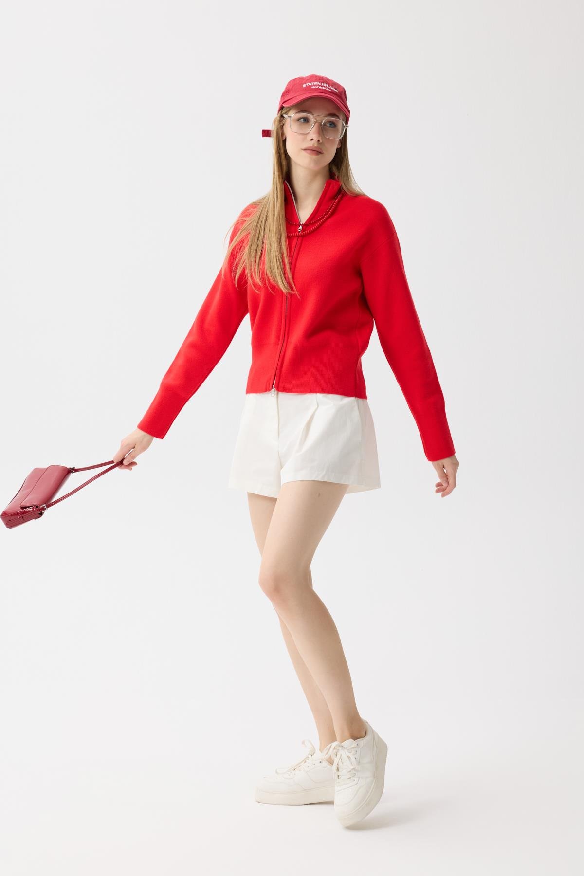 Blanche Yüksek Yaka Hırka - Kırmızı 