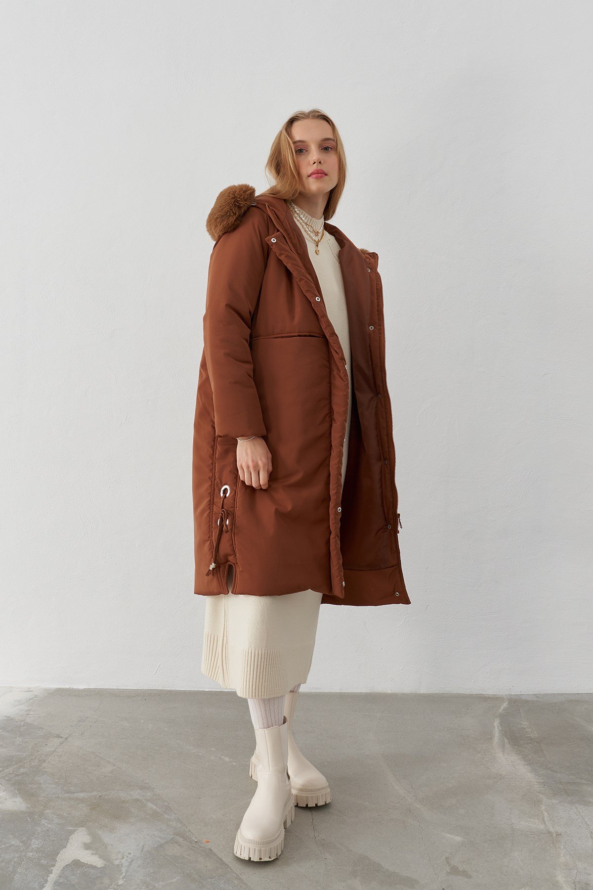 Bomb Kürklü Şişme Mont - Kahve