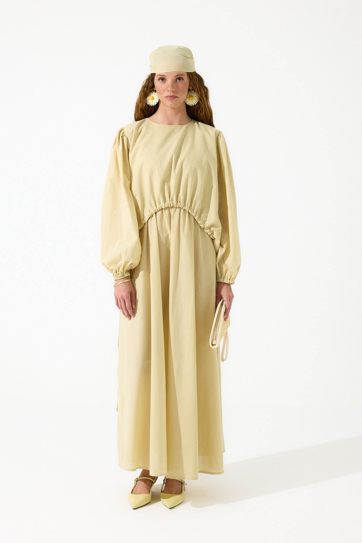 Brandy Seyyar Bluz Parçalı Pamuk Vual Elbise - Sarı