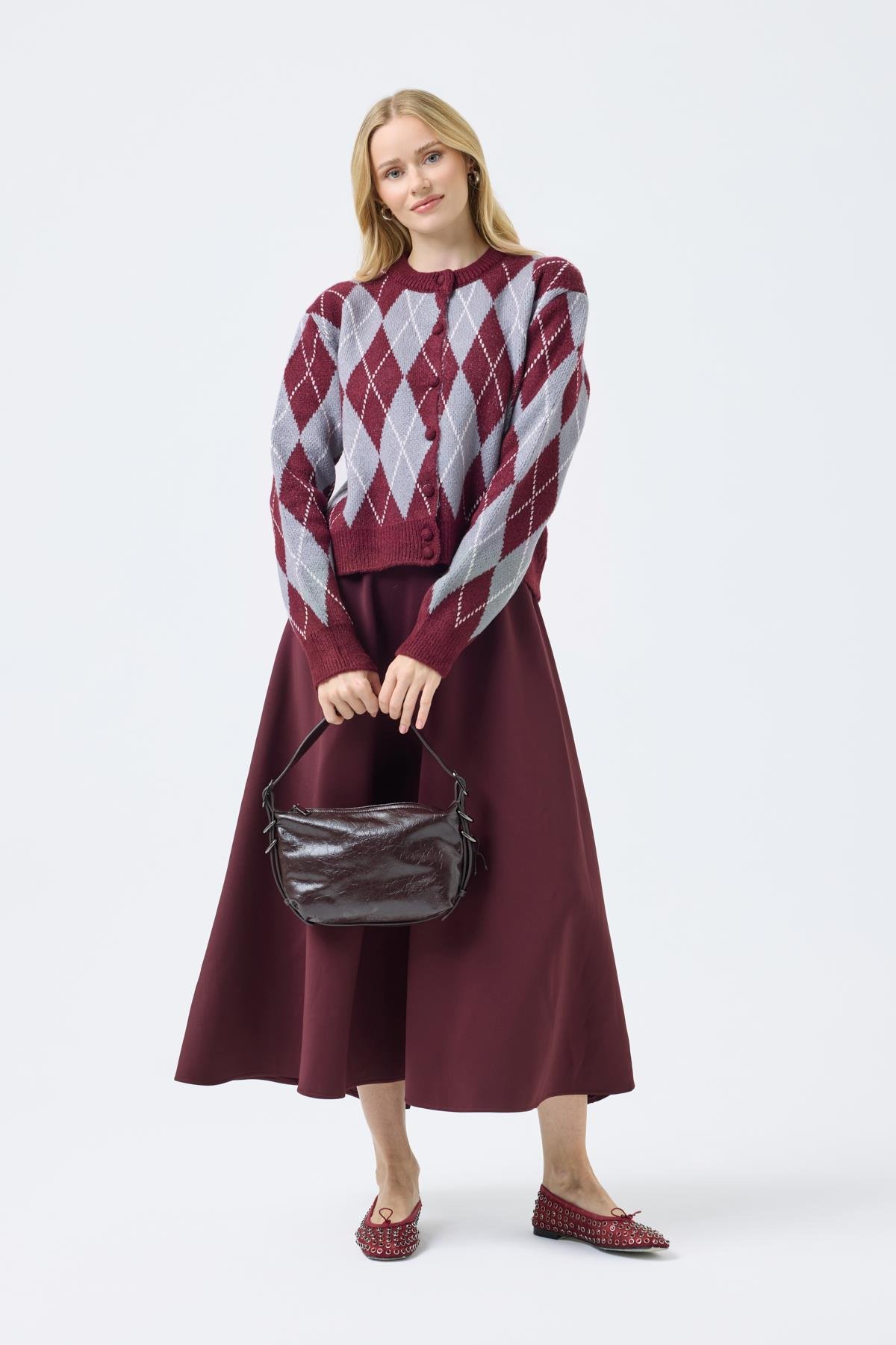 Camila Baklava Desenli Hırka -Bordo 