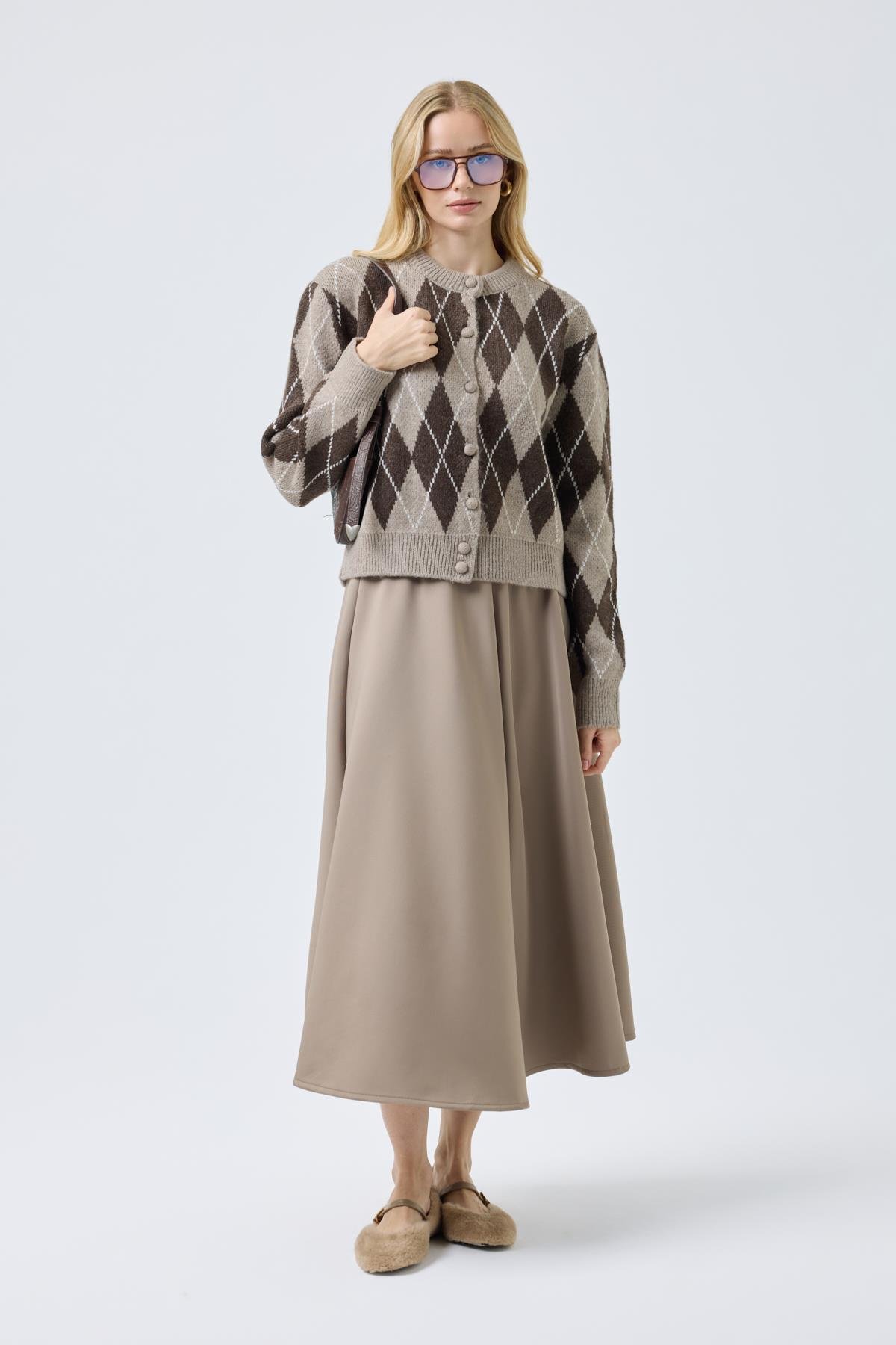 Camila Baklava Desenli Hırka - Vizon 