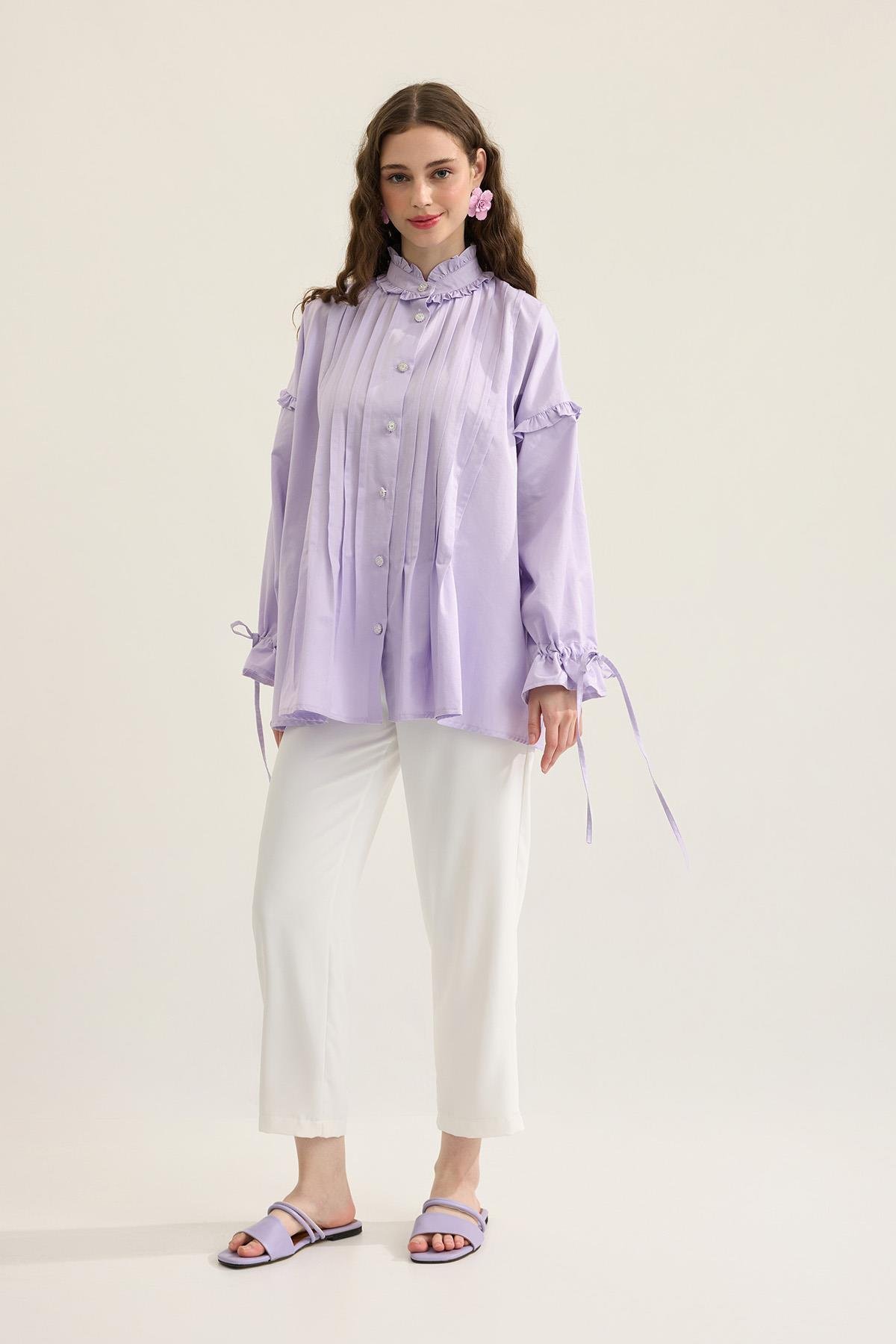 Carol Nervürlü Fırfırlı Gömlek- Lila