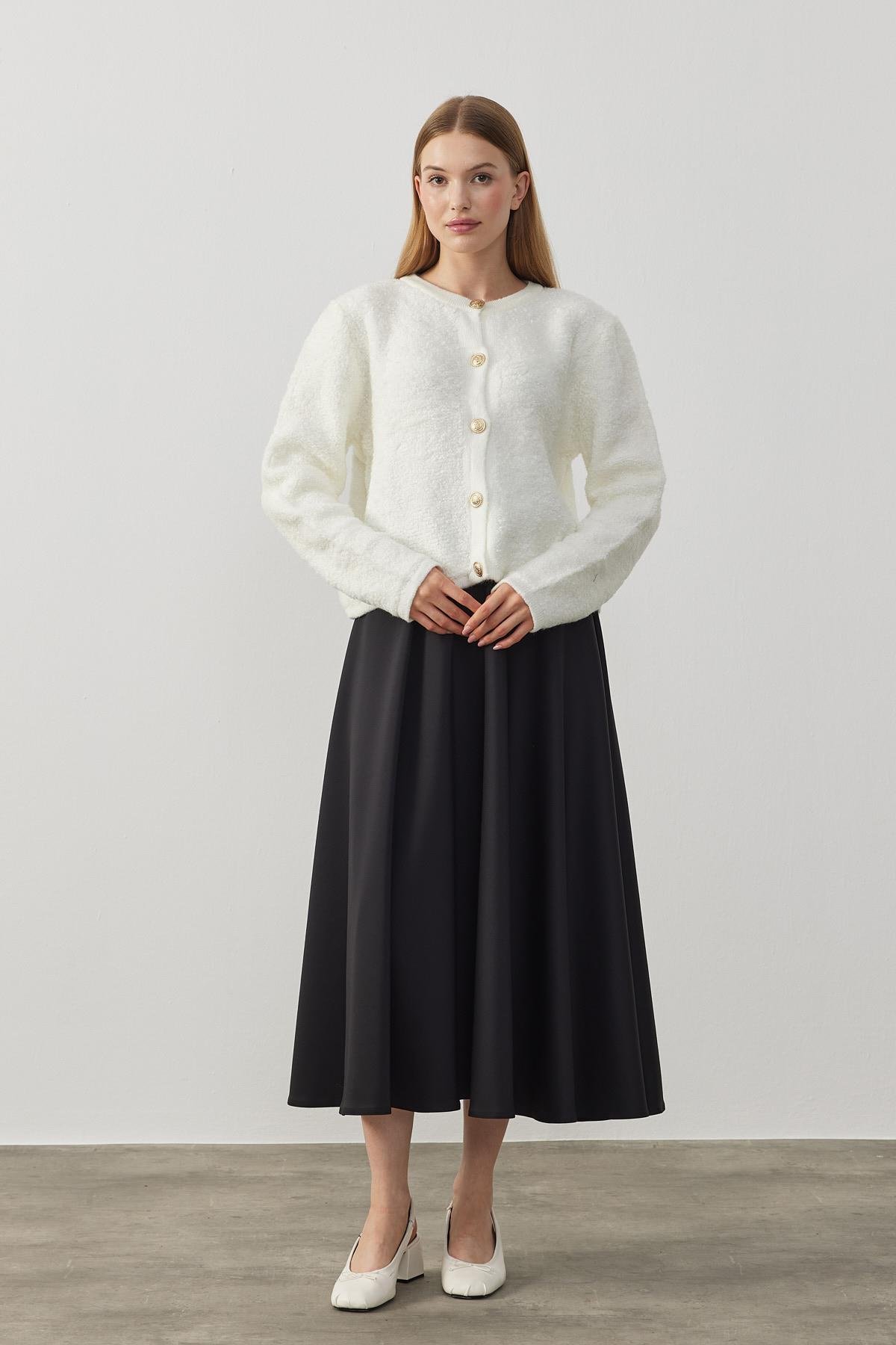 Ceremony Eskitme Düğme Detaylı Buklet Hırka - Ekru