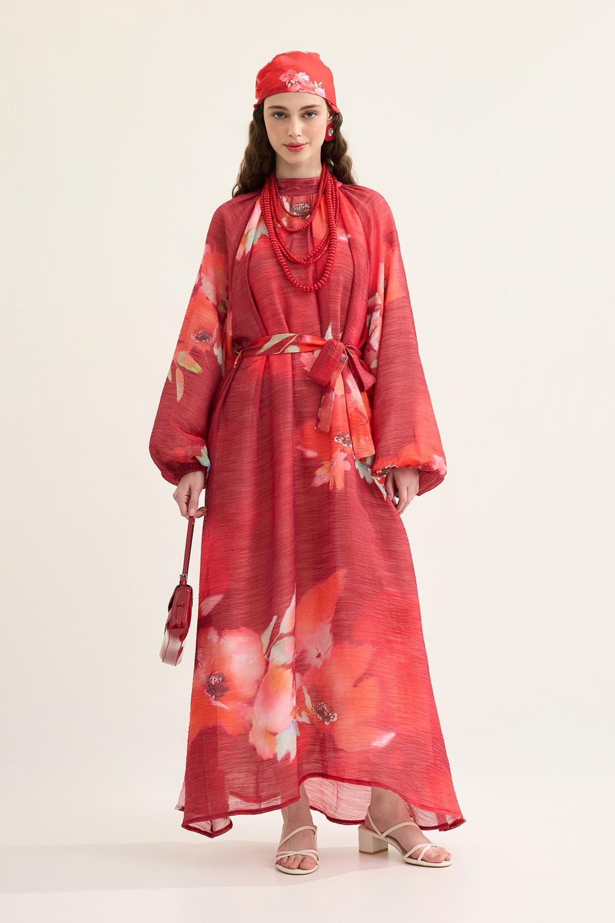 Claire Desenli Vual Elbise - Nar çiçeği