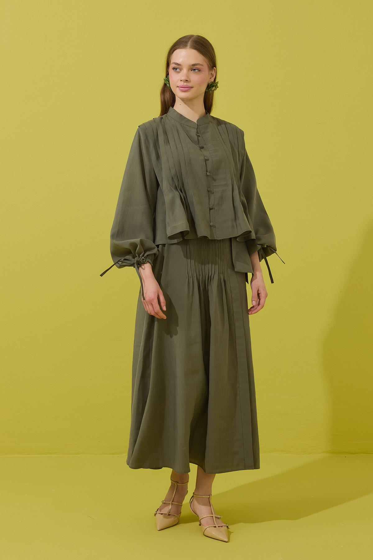 Clara Britt Düğmeli Nervürlü Modal Takım - Haki 