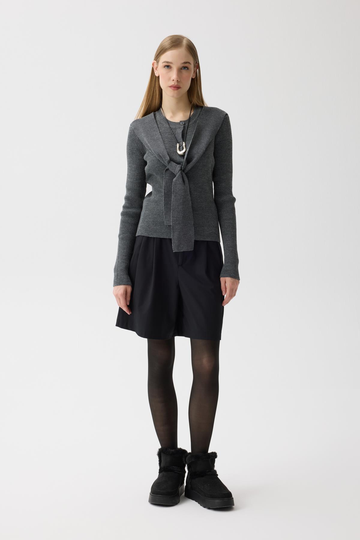 Clemence Atkılı Fitilli Hırka - Antrasit 