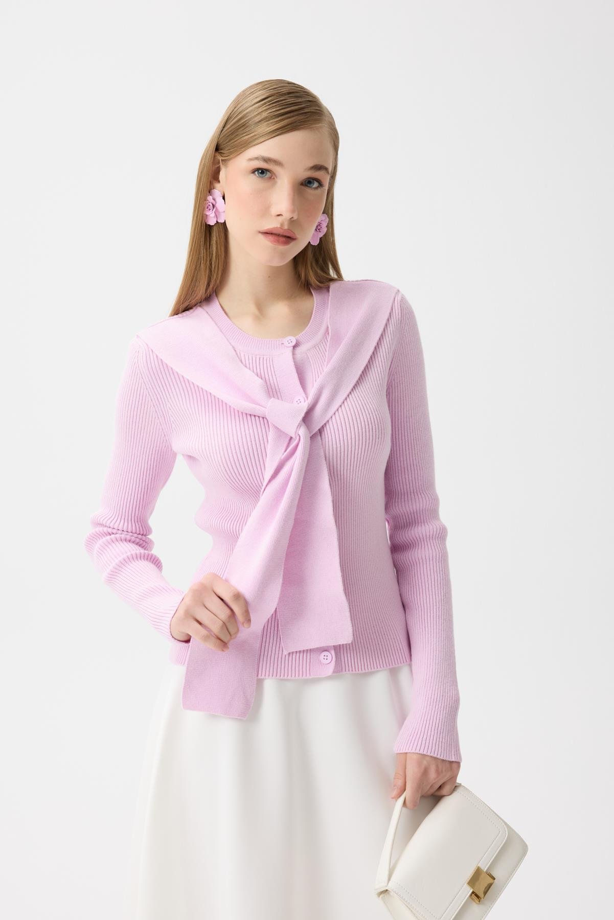 Clemence Atkılı Fitilli Hırka- Pudra