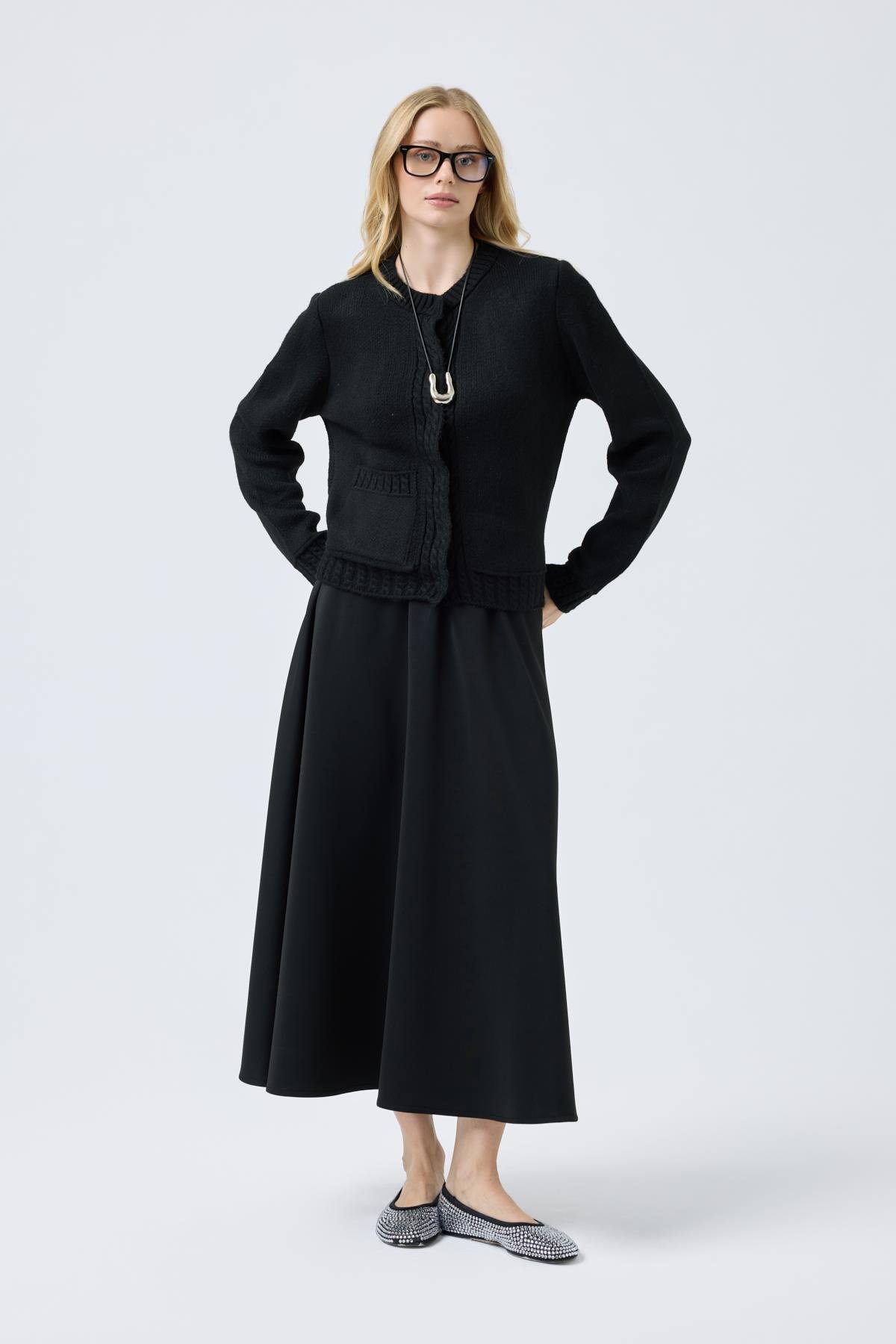 Cruz Cepli Çıtçıtlı Örme Hırka - Siyah 