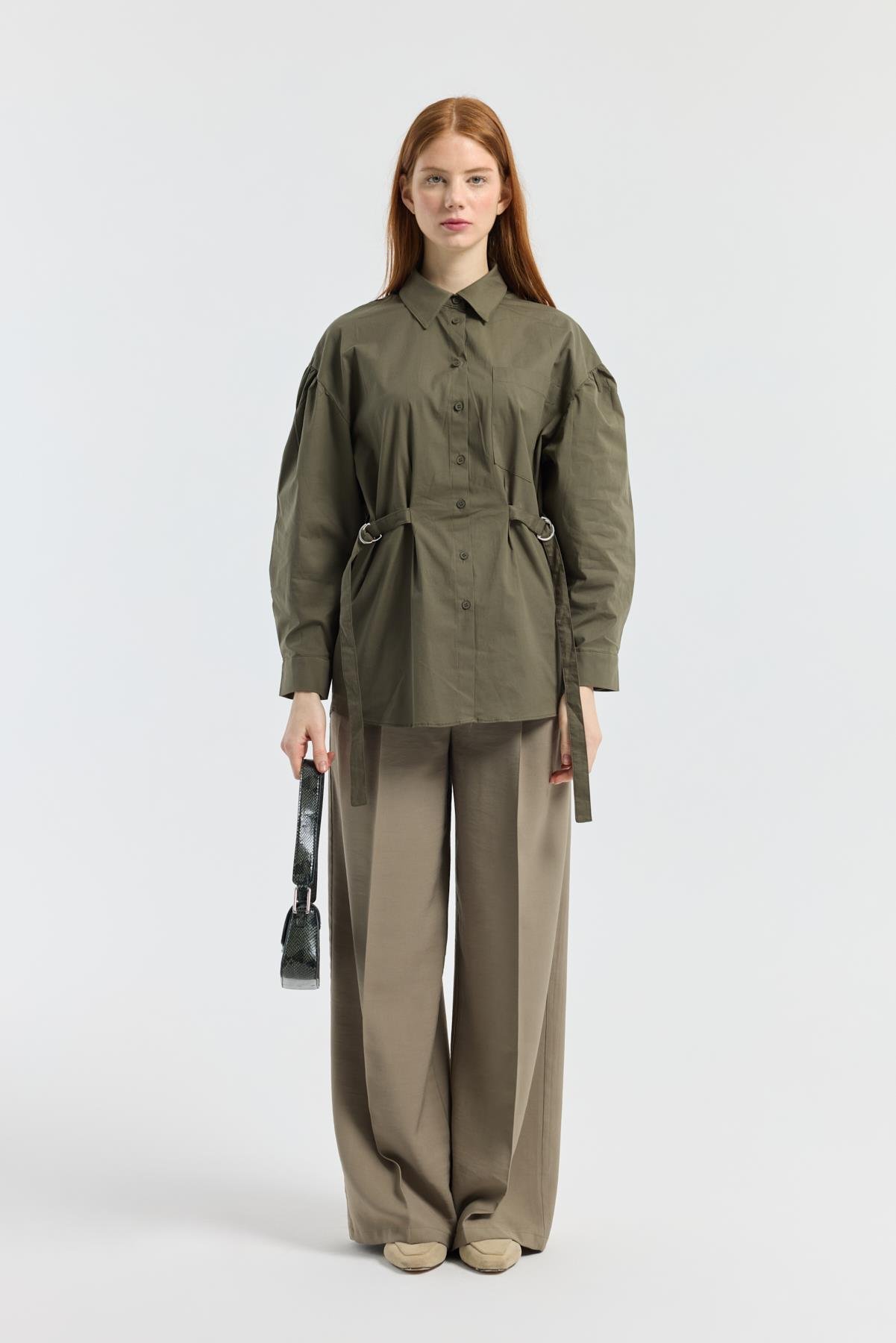 D Tokalı Balon Kol Poplin Gömlek - Haki 