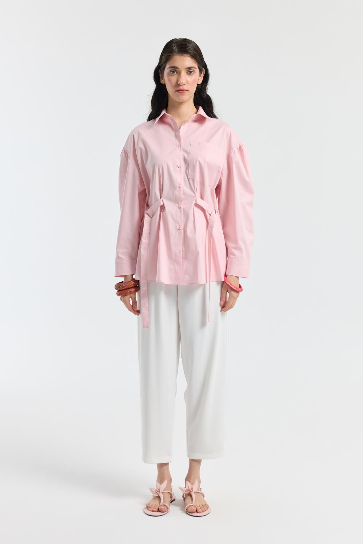 D Tokalı Balon Kol Poplin Gömlek - Pudra Pembe