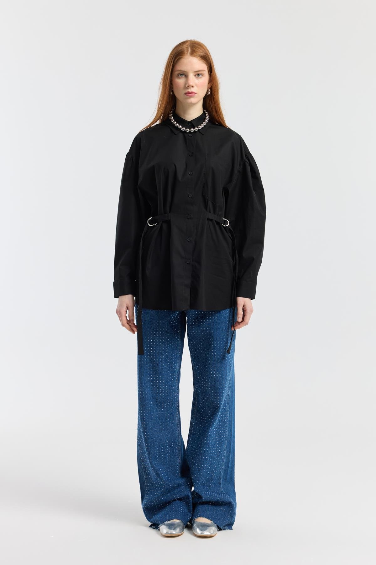 D Tokalı Balon Kol Poplin Gömlek - Siyah