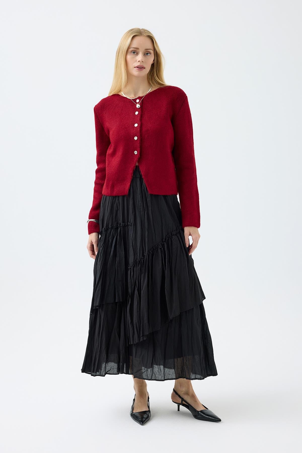 Dahlia Gümüş Düğmeli Hırka - Kırmızı 