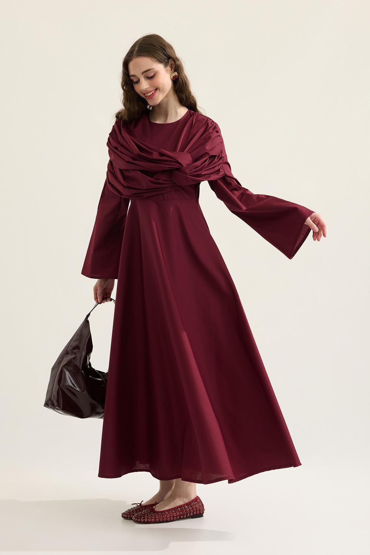 Daisy Drapeli Kloş Poplin Elbise - Bordo