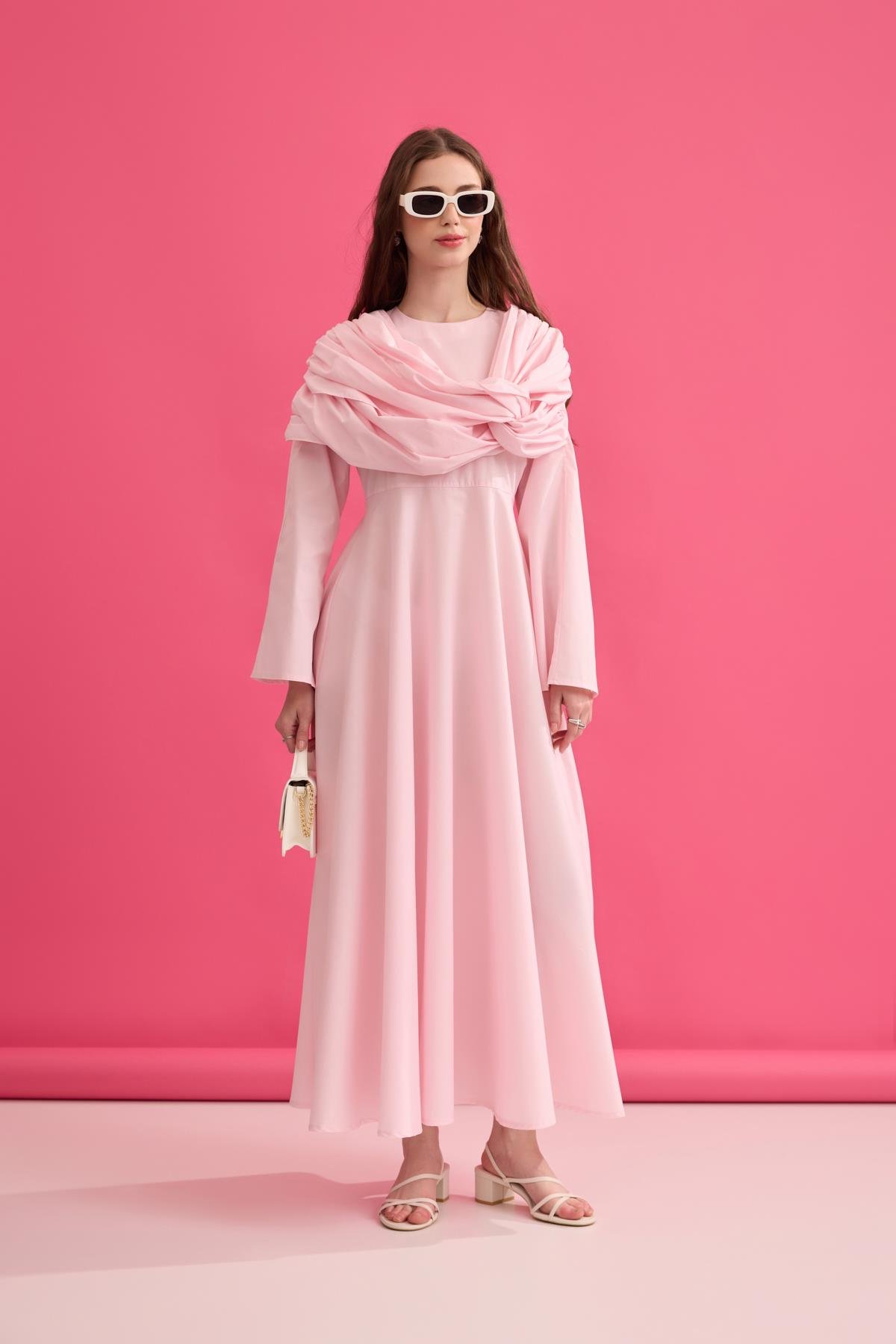 Daisy Drapeli Kloş Poplin Elbise - Pembe